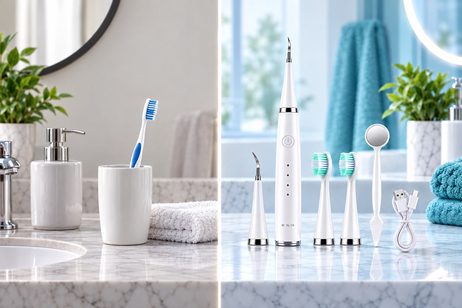 Comparacion visual entre cepillo manual y combo SonicClean Pro