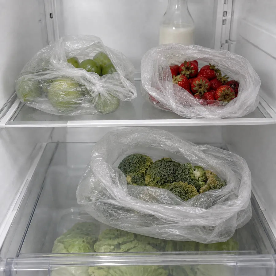 Ejemplo ilustrativo de alimentos en bolsas: fresas deterioradas y brócoli amarillento